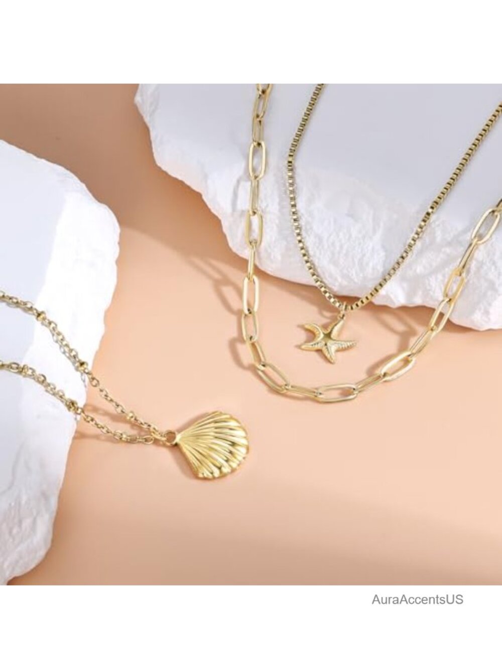 14k Gold Plated Starfish & Seashell Layered Necklace Set, Adjustable Chain, Non - Picture 4 of 6